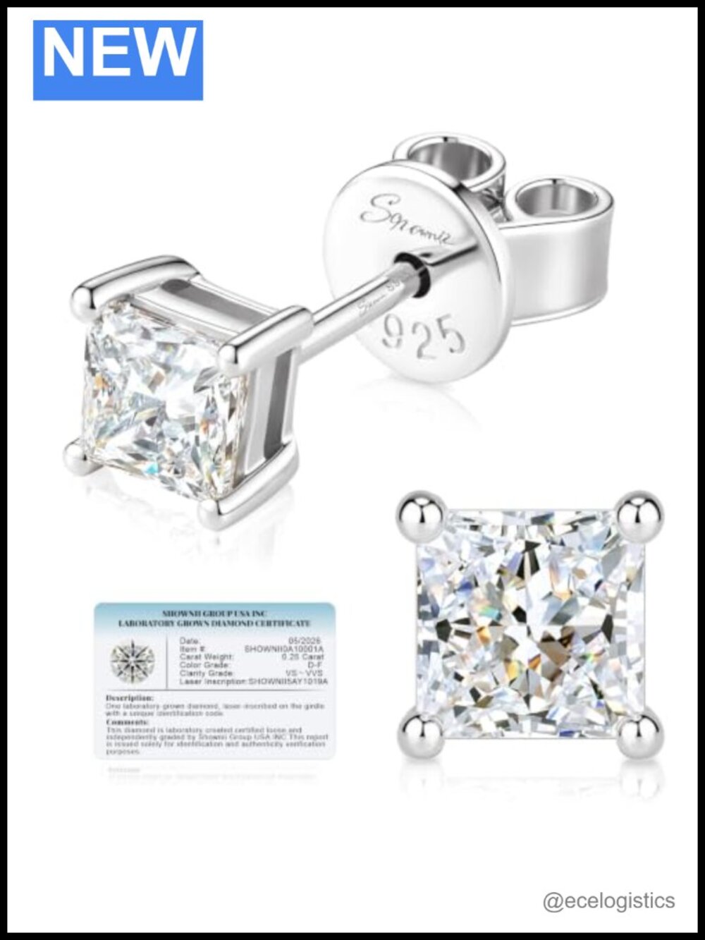 Princess Cut Lab Grown Diamond Stud Earrings 14K Gold Plated Silver